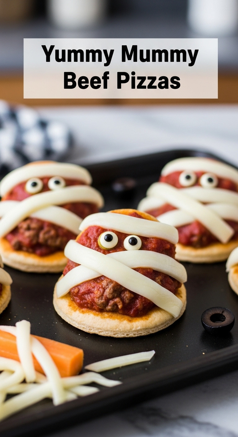 Hyperrealistic Photo Of Yummy Mummy Beef Pizzas With String Cheese Bandages And Olive Eyes On A Black Baking Tray