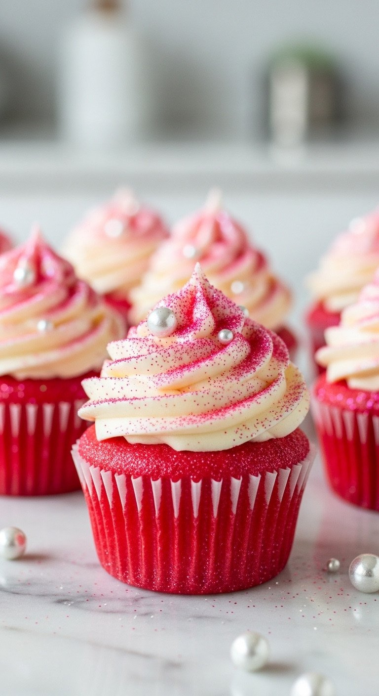Hyperrealistic Pink And Red Cupcakes Shimmering With Edible Glitter, Sugar Pearls, Cream Frosting On Marble, Bright Kitchen.