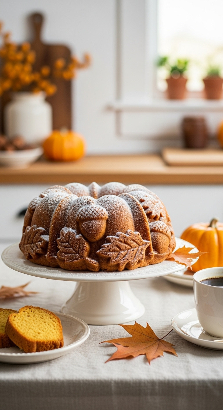 Hyperrealistic Pumpkin Espresso Bundt Cake With Powdered Sugar On A Vintage Cake Stand With Fall Decor And Coffee Mug
