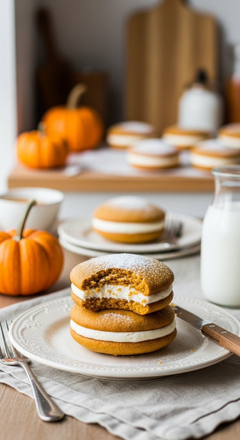 Hyperrealistic Pumpkin Whoopie Pie With Cream Cheese Filling And A Bite Taken Out On A Vintage Ceramic Plate