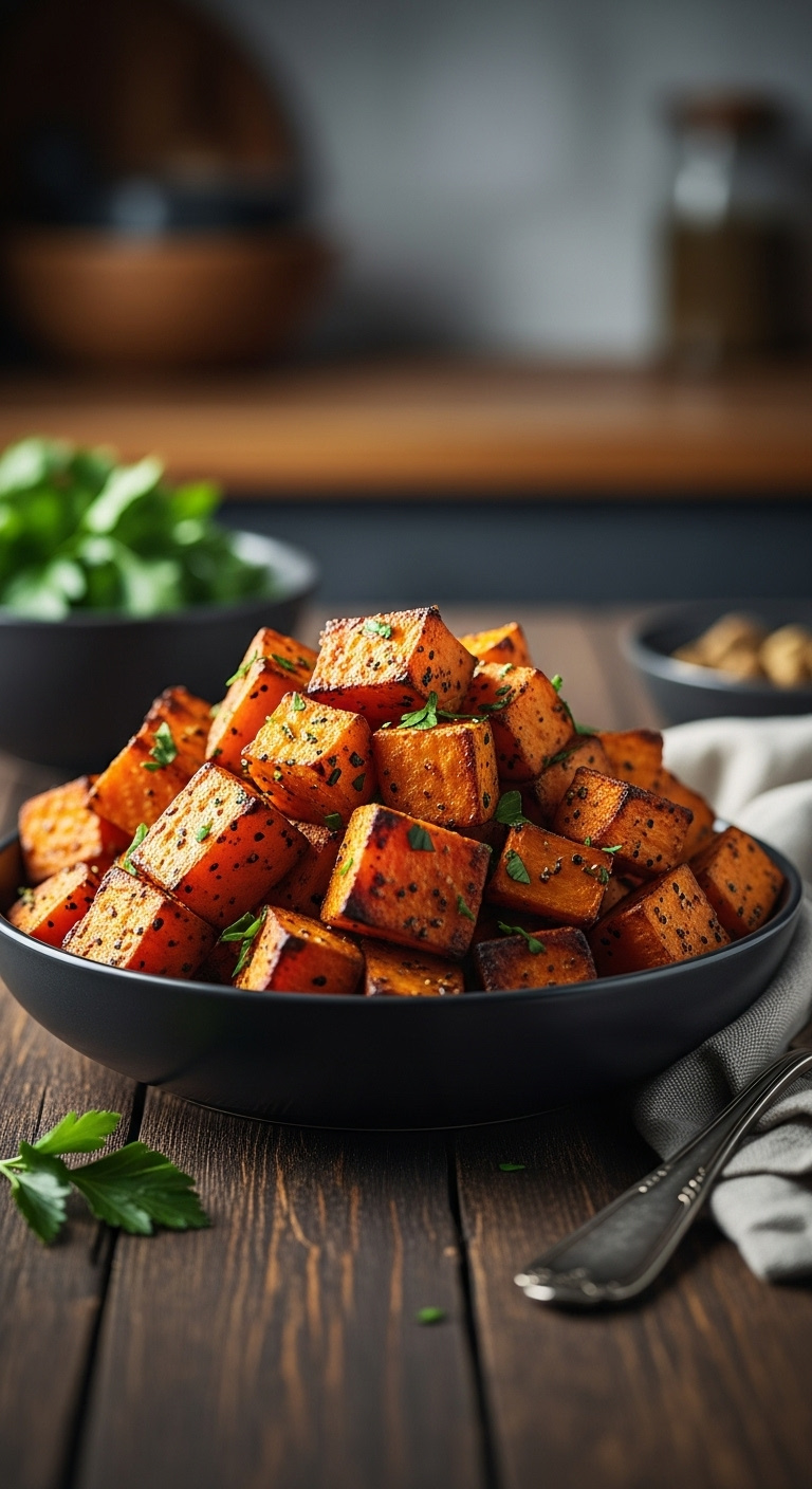 Hyperrealistic Roasted Sweet Potato Cubes With Crispy Edges In A Matte Black Bowl On A Rustic Wood Table With Parsley And A Fork