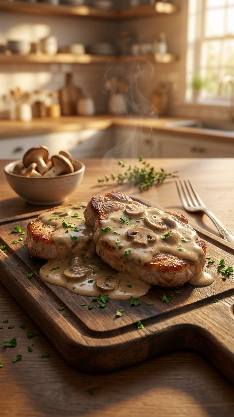 Hyperrealistic Seared Boneless Pork Chops With Creamy Mushroom Sauce, Garnished With Fresh Parsley, On A Rustic Wooden Table With Soft Lighting.