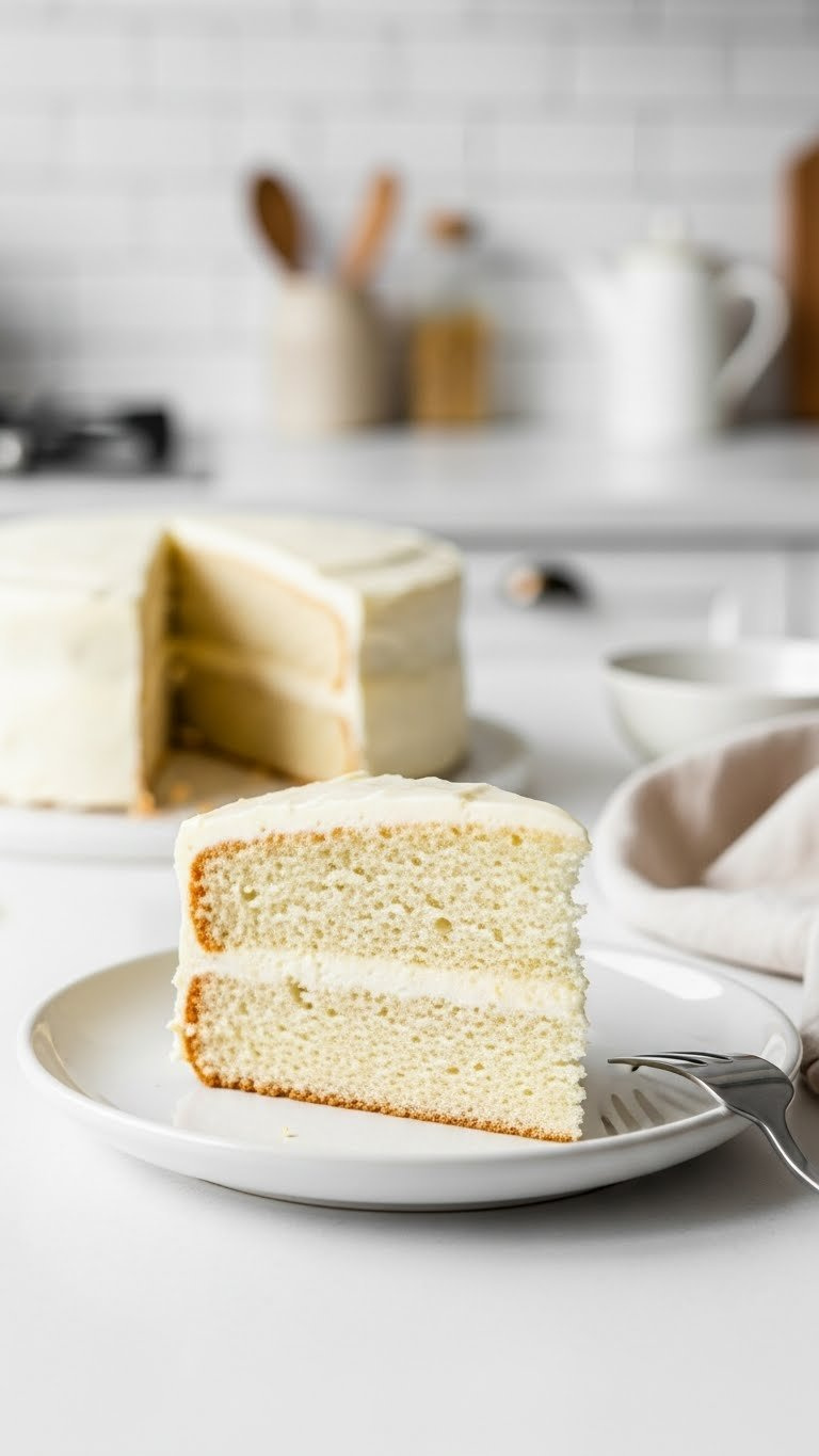 Hyperrealistic Slice Of Light, Airy Vegan Vanilla Cake With Tender Crumb On A White Plate. Soft Natural Light, Elegant Kitchen Setting.