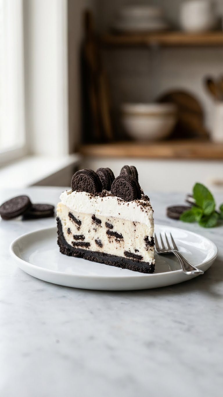 Hyperrealistic Slice Of No-Bake Oreo Cheesecake With Dark Crust, Creamy Filling, Whipped Cream, And Mini Oreos On A White Plate With A Fork.