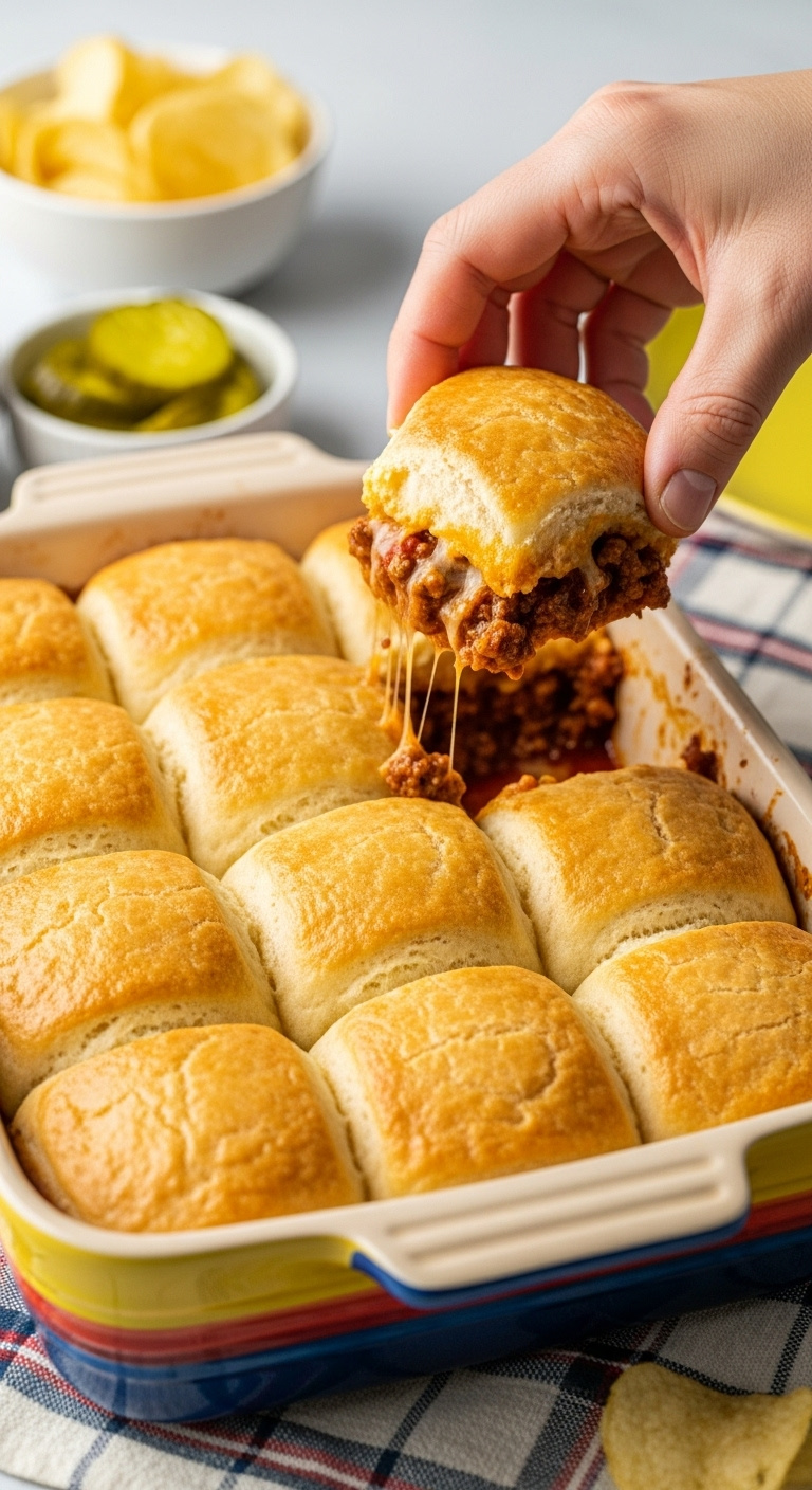 Hyperrealistic Sloppy Joe Casserole With Biscuits Cheesy Filling Pickles And Chips In A Ceramic Dish On A Tablecloth