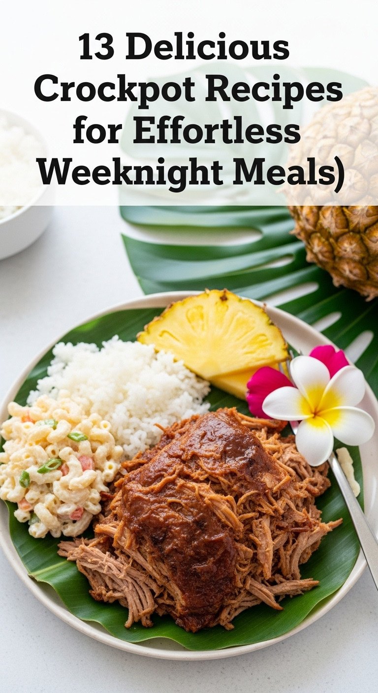 Hyperrealistic Slow Cooker Kalua Pig With White Rice Macaroni Salad And Pineapple On A Ti Leaf For Weeknight Meals
