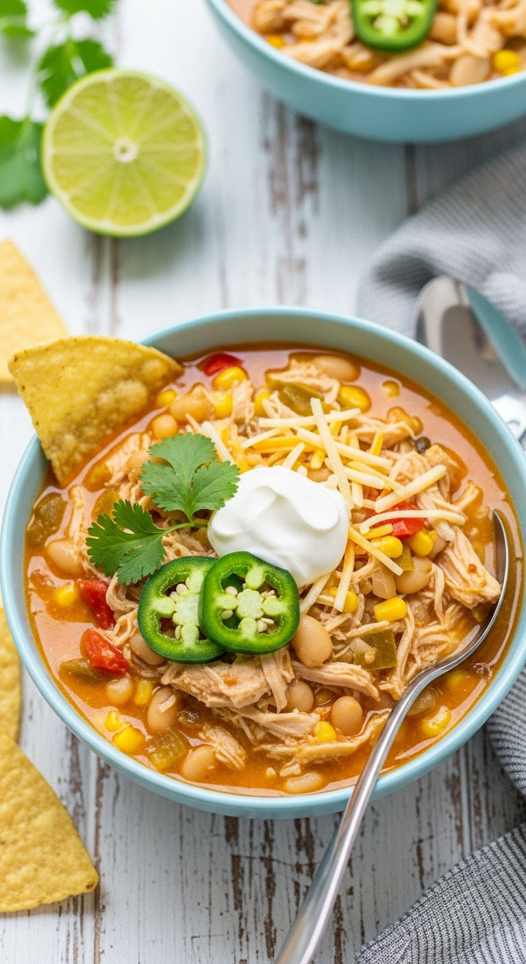 Hyperrealistic Slow Cooker White Chicken Chili Topped With Sour Cream Cilantro Jalapeños And Cheese For Weeknight Meals