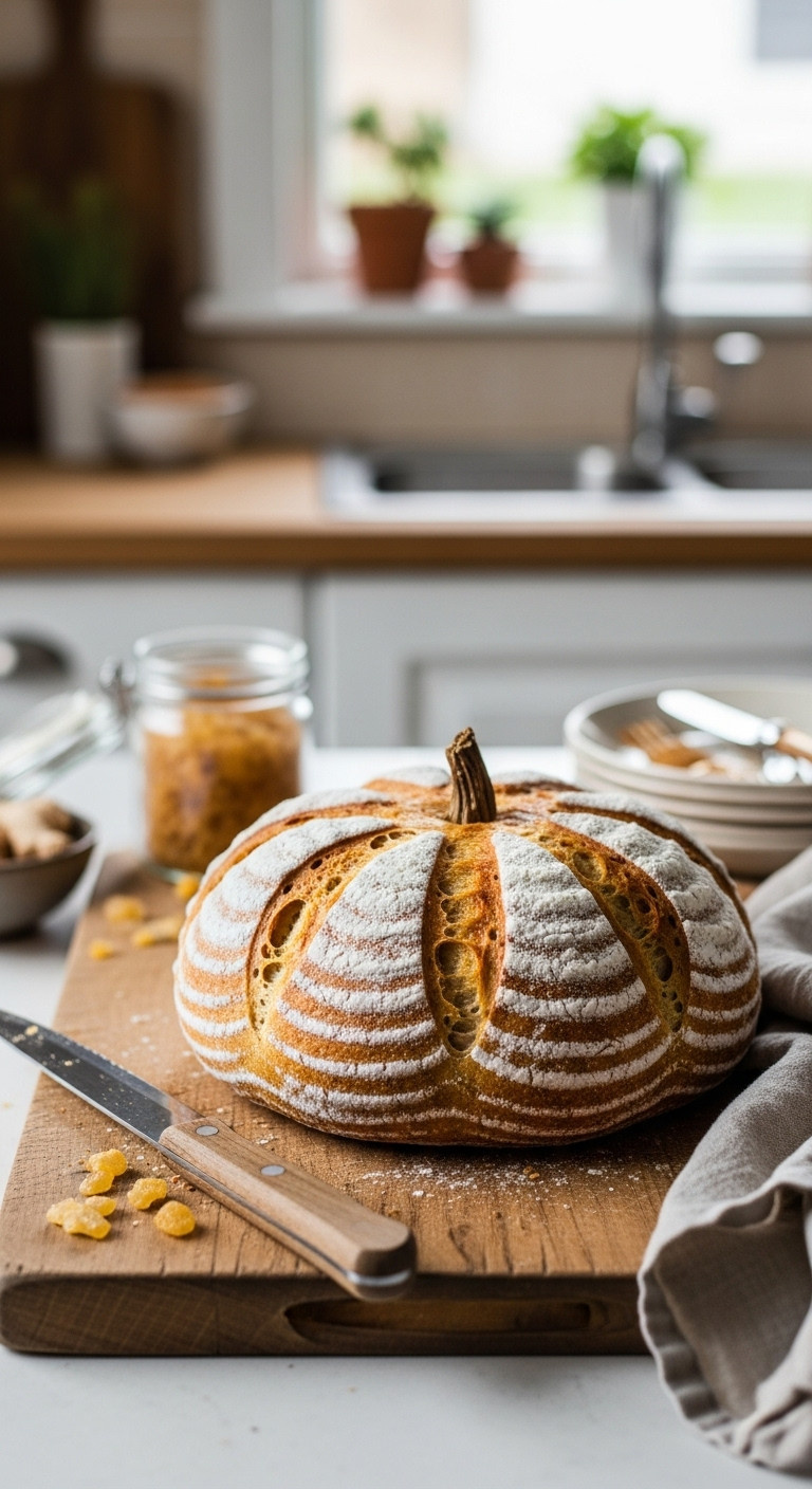 Hyperrealistic Sourdough Ginger Pumpkin Bread Loaf With A Golden Crust On A Rustic Cutting Board With Crystallized Ginger And A Knife