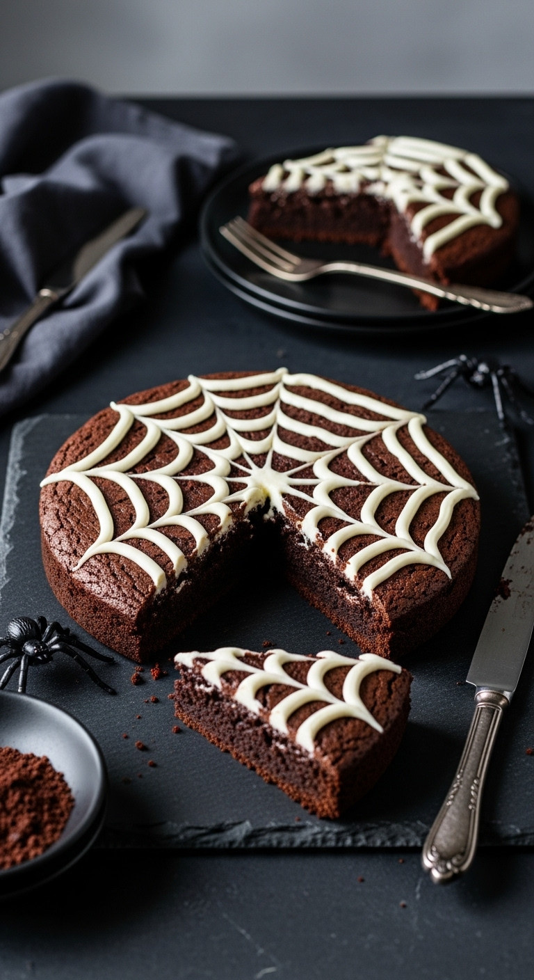 Hyperrealistic Spider Web Brownies With White Cream Cheese Topping, A Cut Slice, And A Fake Spider On A Dark Slate Surface