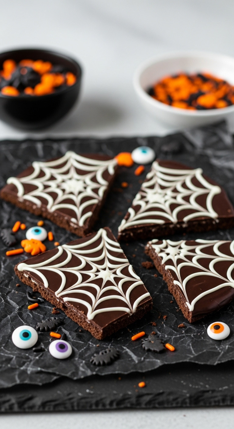 Hyperrealistic Spooky Spiderweb Chocolate Bark With Dark And White Chocolate, Candy Eyeballs, Orange Sprinkles On Parchment.