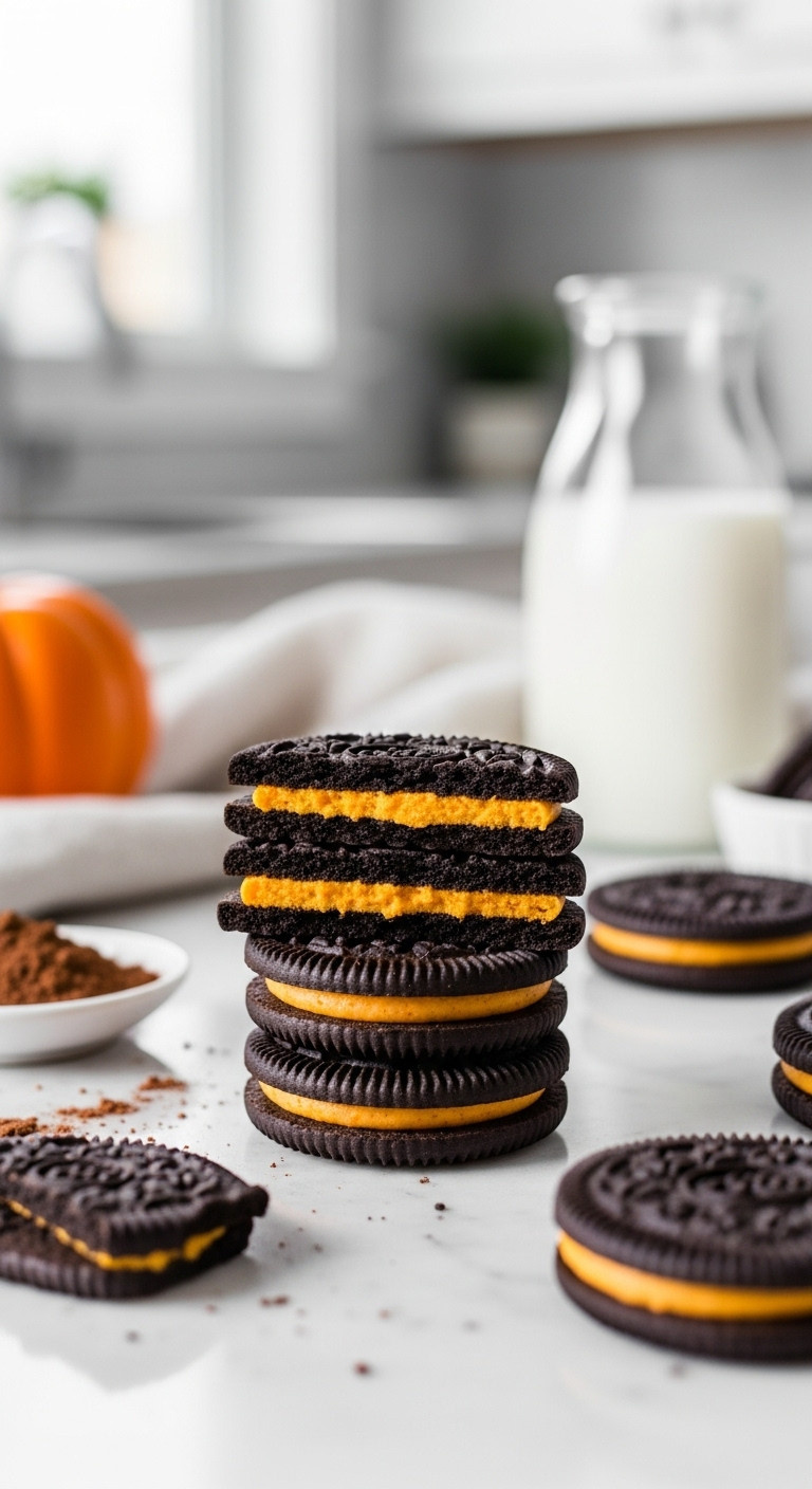 Hyperrealistic Stack Of Homemade Halloween Faux-Reo Cookies With Orange Filling On A Marble Countertop With Milk