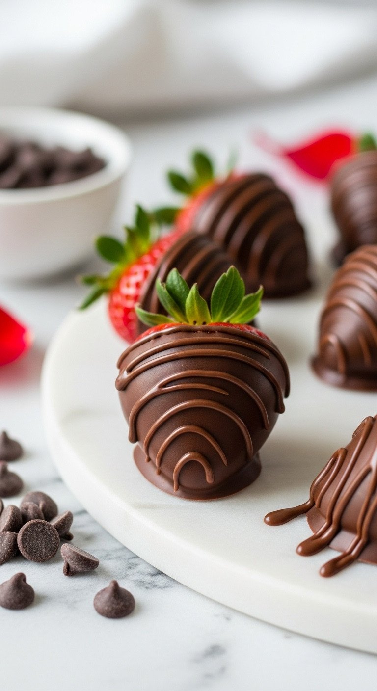 Hyperrealistic Sugar-Free Chocolate Covered Strawberries, Dark Chocolate Drizzled, On Marble With Rose Petals. Perfect Healthy Dessert.