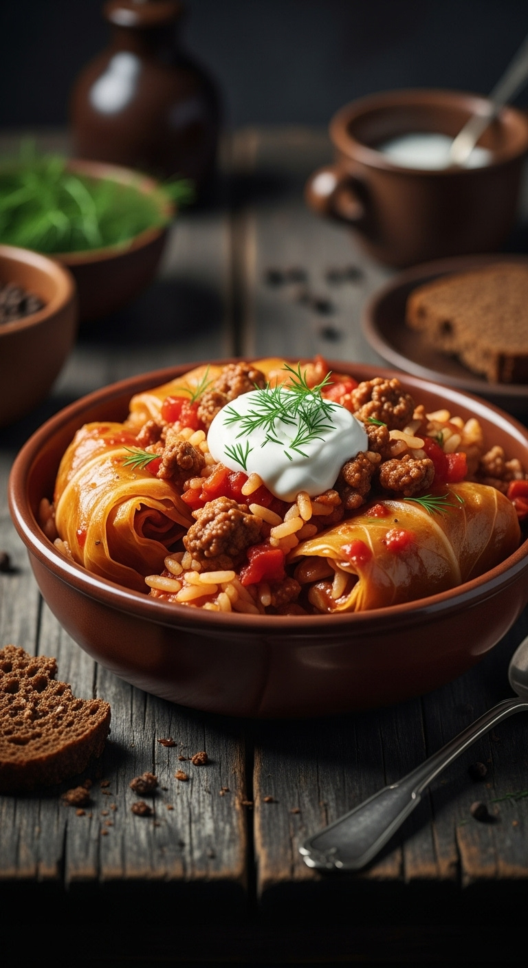 Hyperrealistic Unstuffed Cabbage Roll Casserole With Cabbage Ground Beef Rice Tomato Sauce Sour Cream Dill Rye Bread And Vintage Spoon In A Rustic Bowl