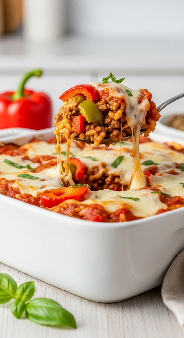 Hyperrealistic Unstuffed Pepper Casserole Spoonful With Ground Beef Rice Bell Peppers Tomato Sauce Melted Provolone Basil And Napkin