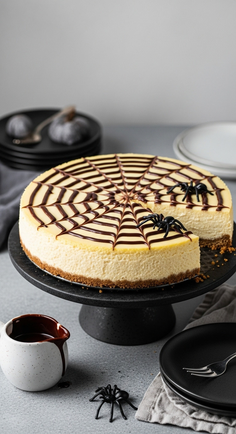 Hyperrealistic Whole Spider Web Cheesecake With Chocolate Ganache On An Elegant Cake Stand With A Plastic Spider Prop