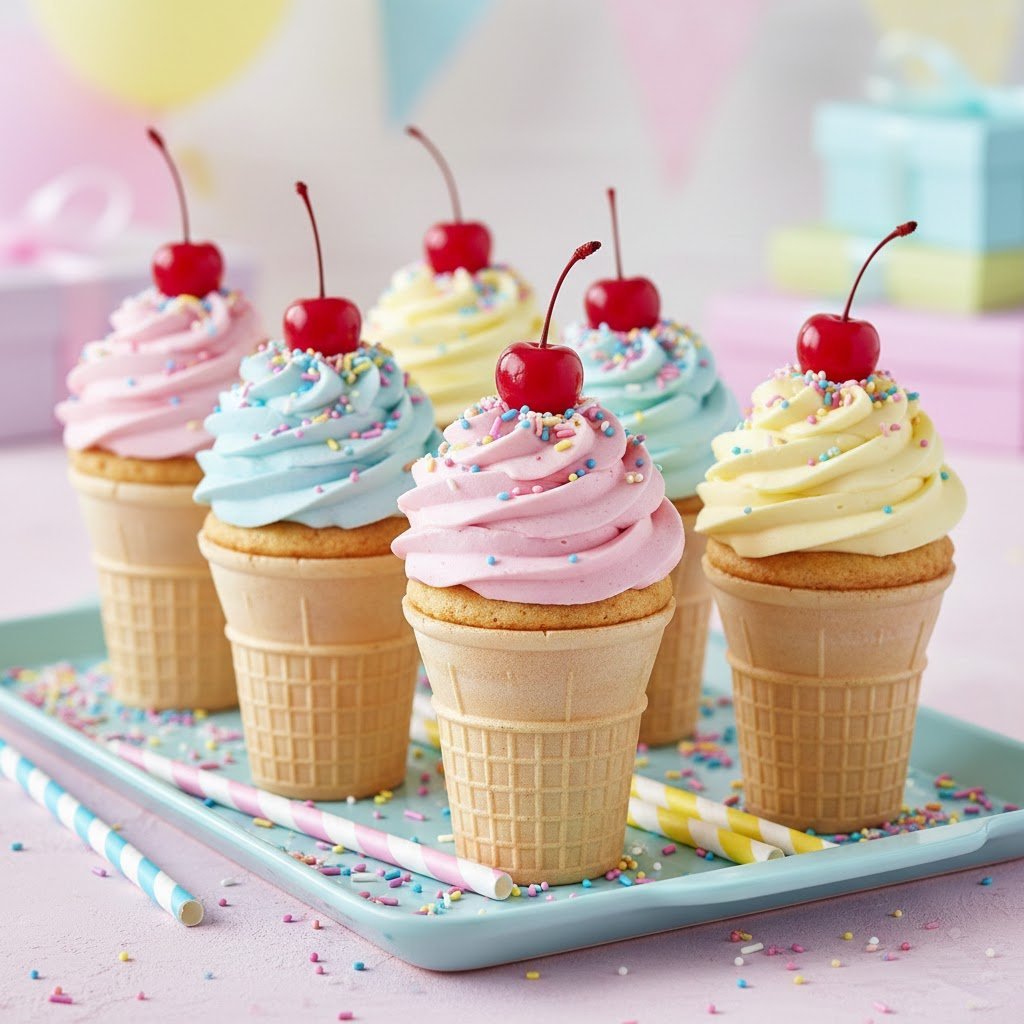 Ice Cream Cone Cupcakes With Swirl Frosting And Colorful Sprinkles Arranged On A Cheerful Serving Tray.