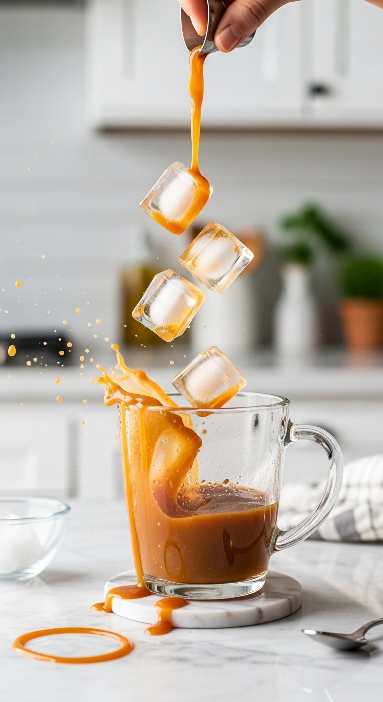 Ice Cubes Dropping Into Caramel Lined Clear Glass Mug Creating Dynamic Splashes And Condensation On Marble.