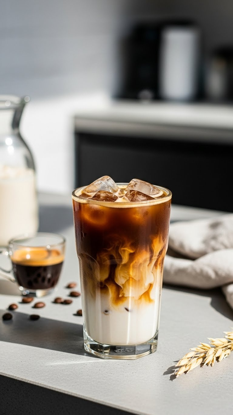 Iced Dr Pepper Espresso Blend With Coffee Infusion, Creamy Oat Milk Layer, And Rich Dark Appearance