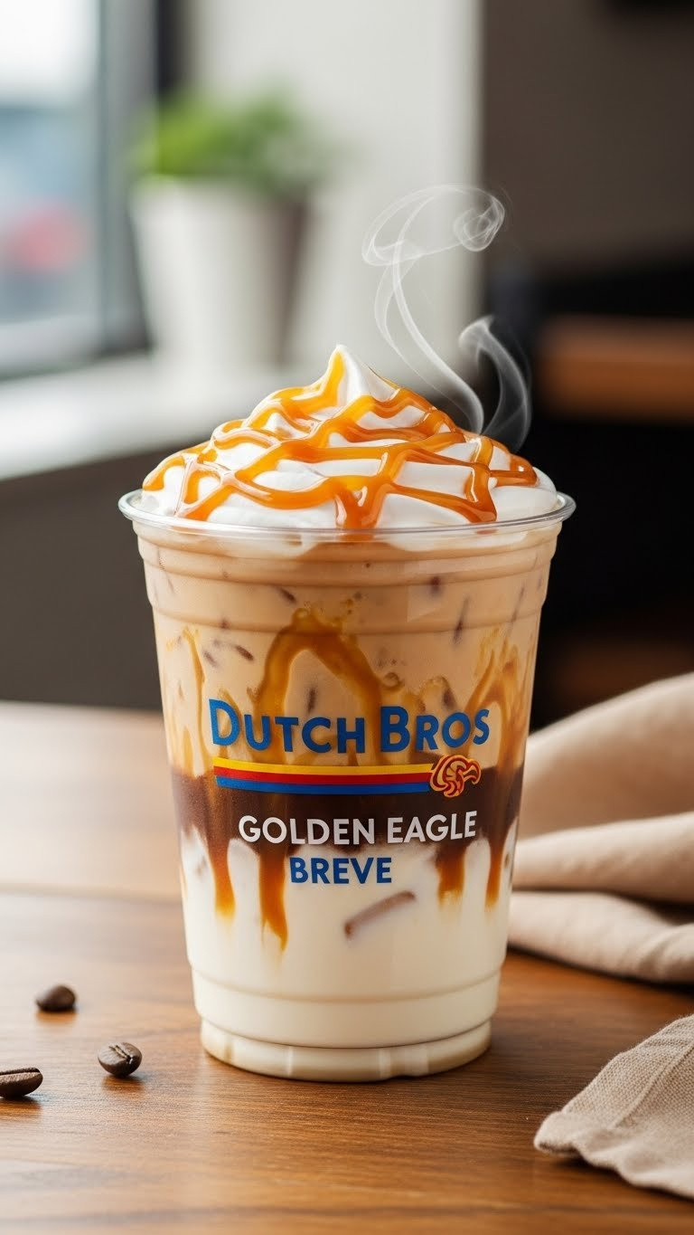 Iced Golden Eagle Breve In Clear Dutch Bros Cup With Caramel Drizzle, Soft Top Swirl, And Layered Espresso Against Rustic Wooden Table Background