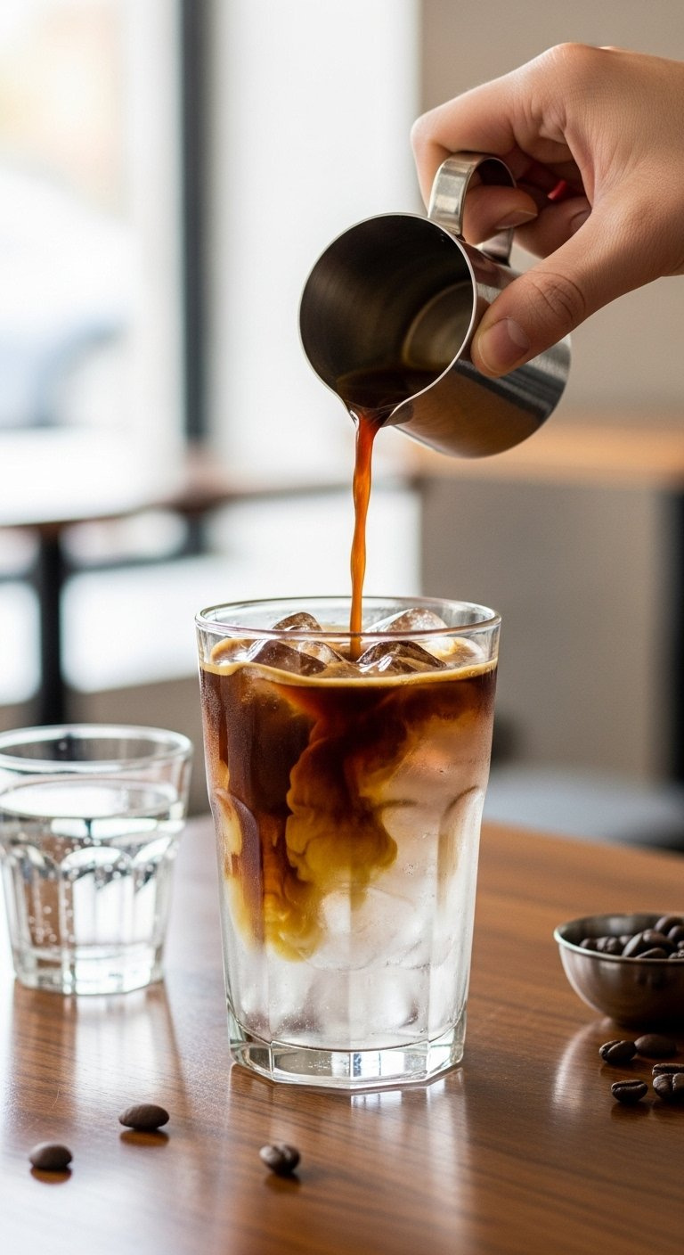 Iced Americano With Ice Water And Espresso Shots On A Minimalist Wooden Table.