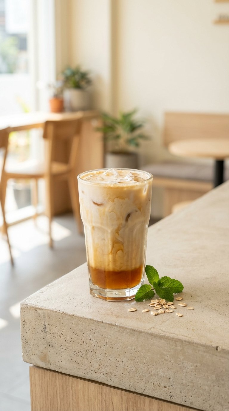 Iced Brown Sugar Oatmilk Shaken Espresso With Layered Amber Espresso And Frothy Oat Milk In Clear Glass