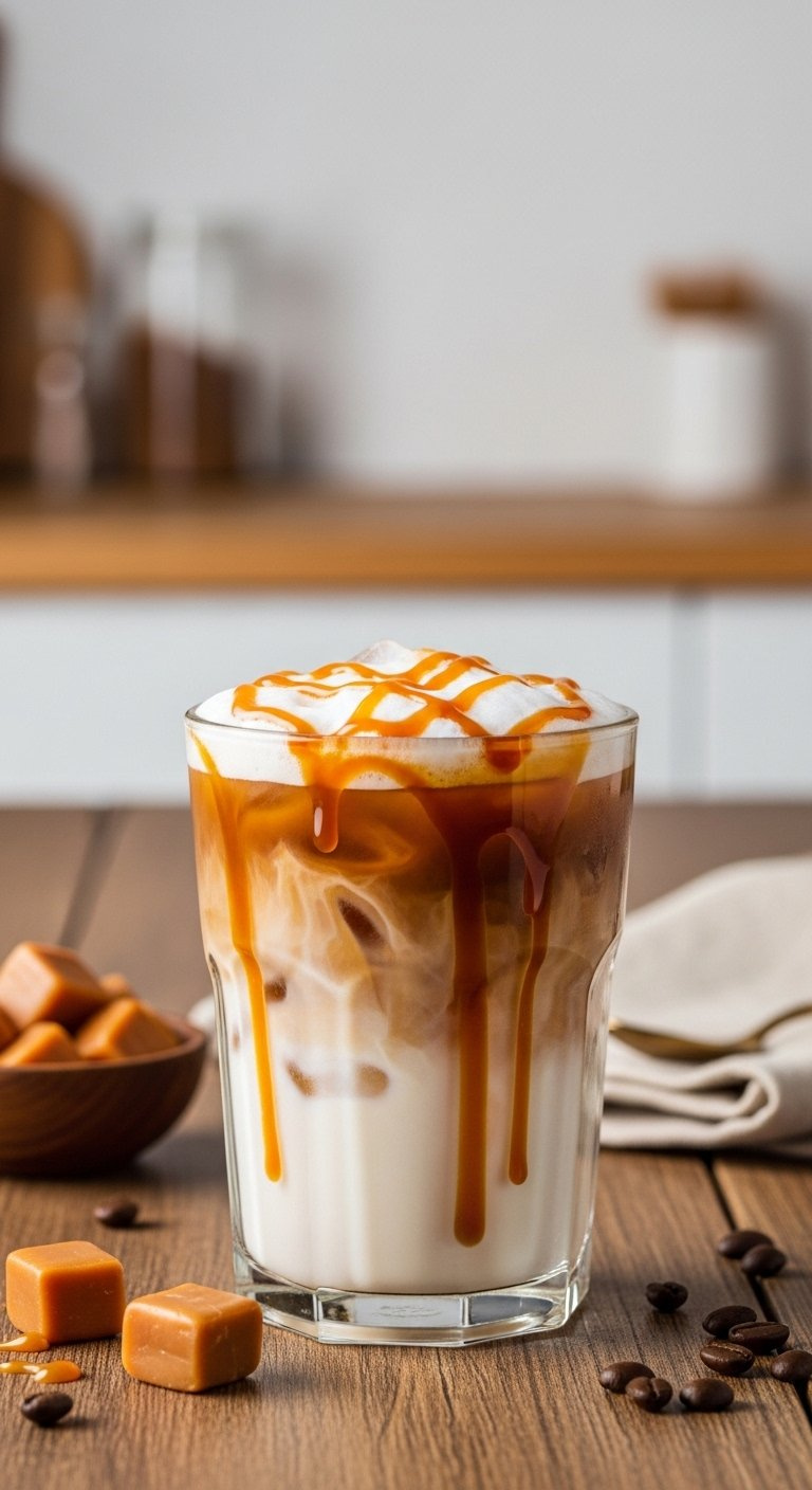 Iced Caramel Macchiato With Golden Caramel Drizzle And Ice Cubes On A Rustic Wooden Table.
