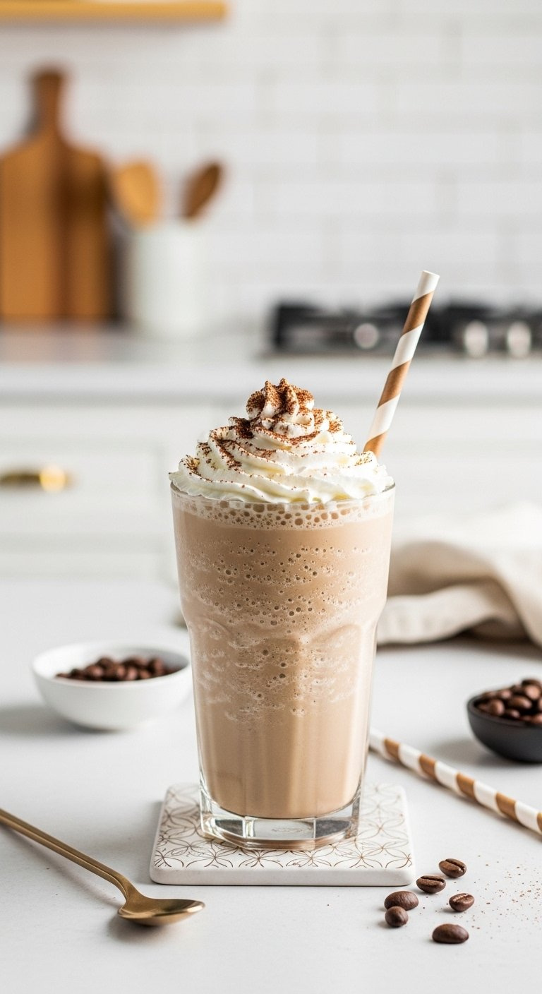 Iced Coffee Frappe With Whipped Cream Cocoa Powder And A Straw On A Patterned Coaster.