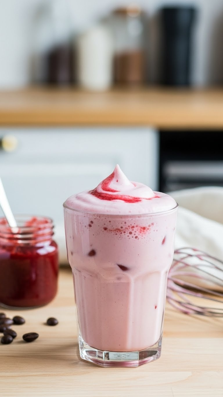 Iced Coffee Topped With Thick Pale Pink Strawberry Cold Foam And Strawberry Puree Swirls On Light Wooden Table.