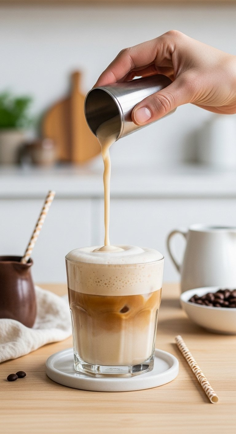 Iced Coffee With A Luscious Layer Of Thick Cold Foam Served In A Clear Glass On Wood.