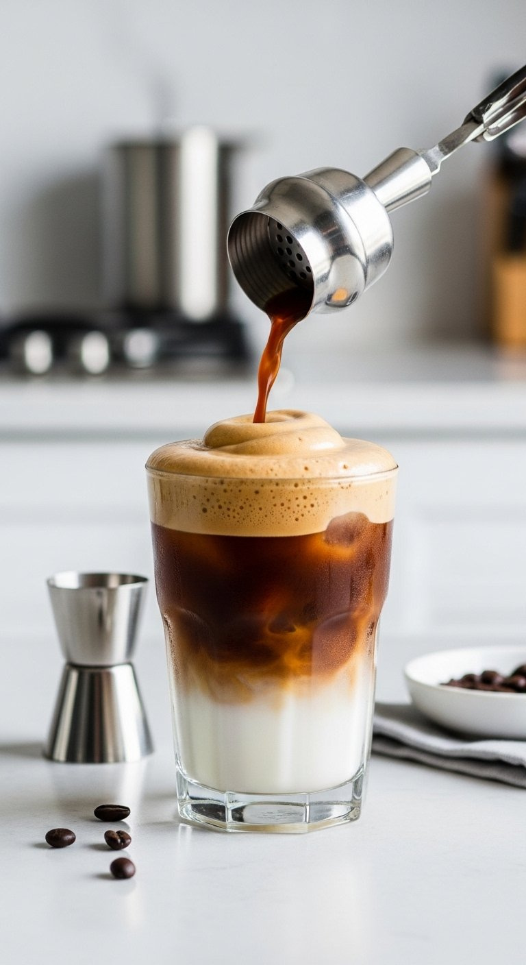 Iced Shaken Espresso With Thick Golden Foam And Ice In A Stylish Clear Glass.