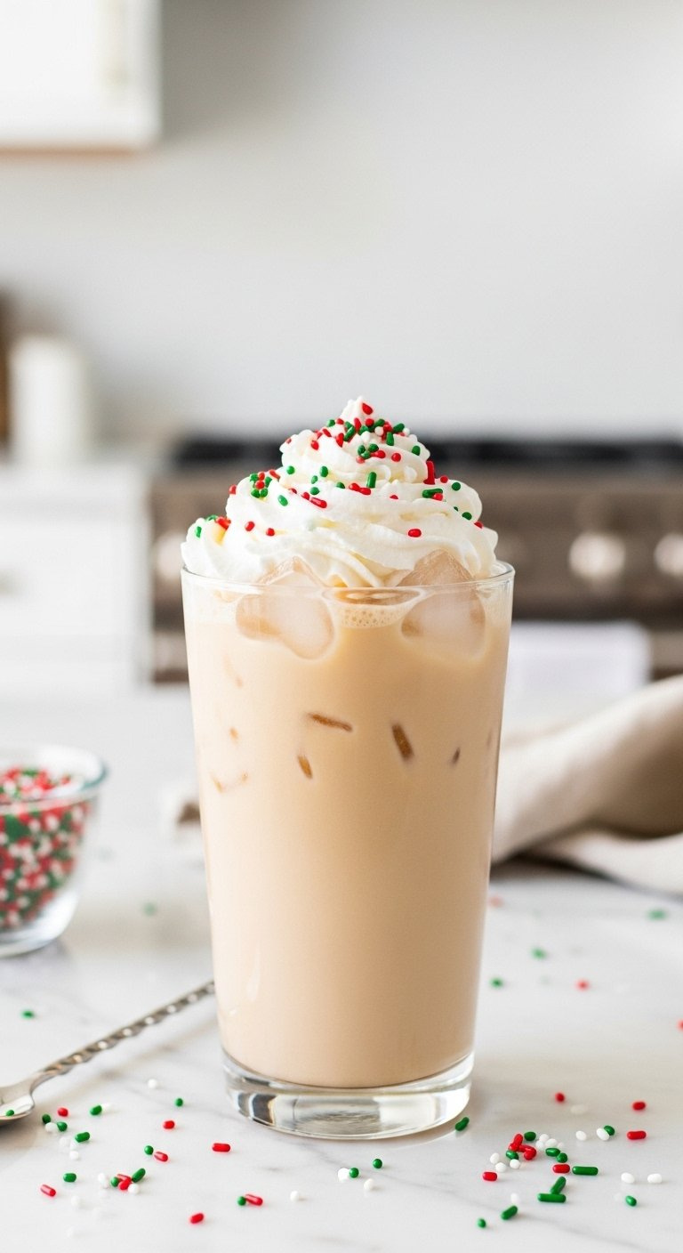 Iced Sugar Cookie Latte With Whipped Cream And Holiday Sprinkles In A Clear Glass On A White Marble Counter.