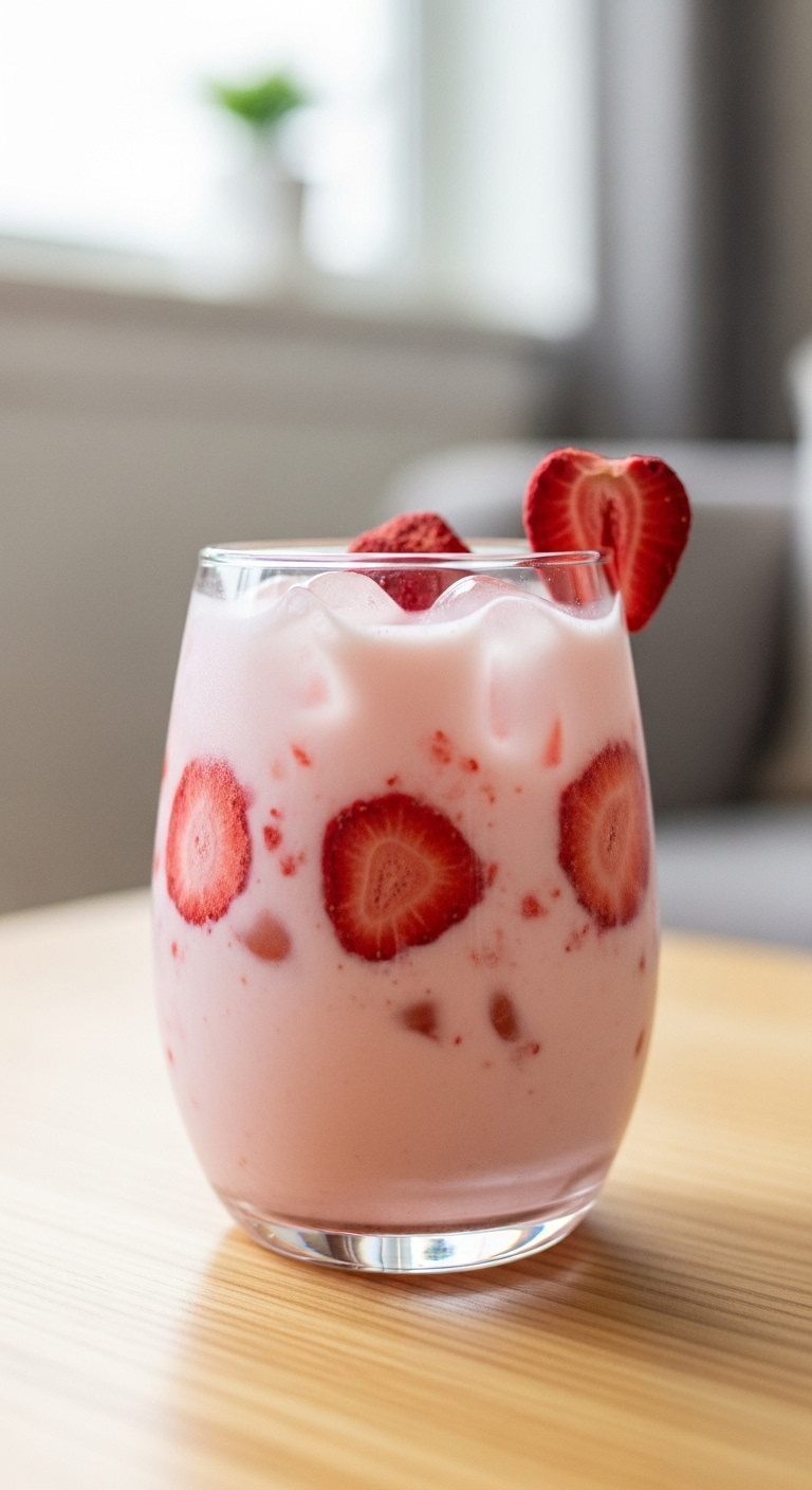 Iconic Pastel Pink Drink With Ice And Freeze Dried Strawberries On A Light Wood Surface In A Cozy Living Room