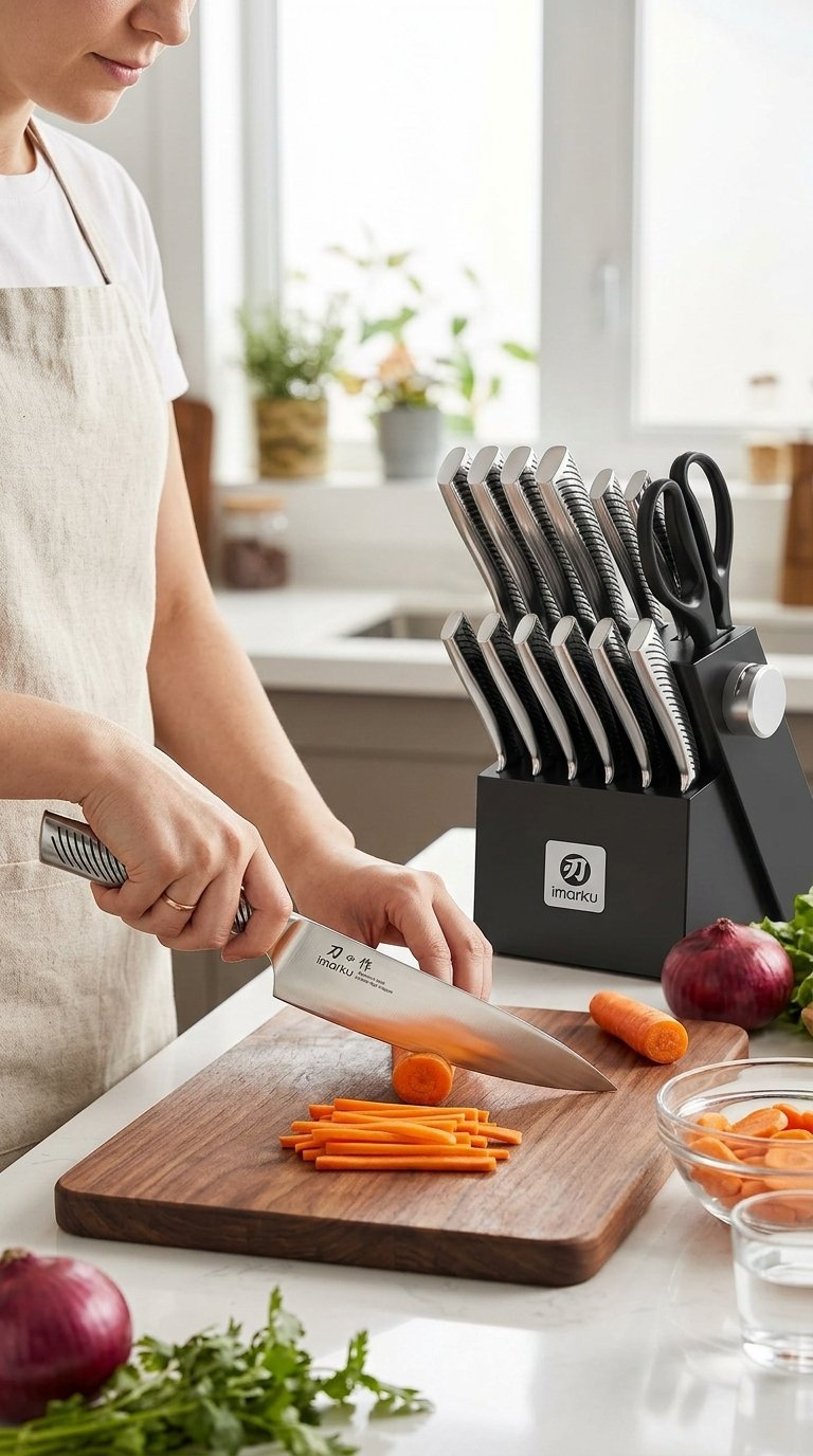 A Person Chopping Vegetables On A Wooden Cutting Board With A Knife From The Imarku Knife Set.
