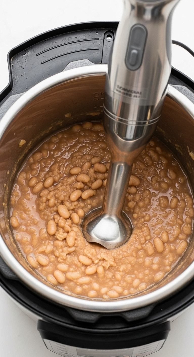 Immersion Blender Pureeing Cooked Pinto Beans In An Instant Pot Insert With Reserved Cooking Liquid And Seasonings