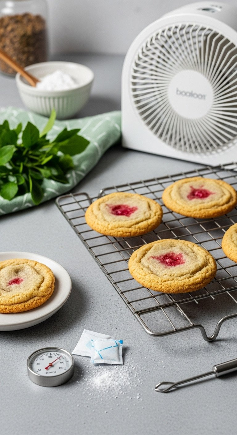 Imperfect Cookie On Drying Rack With Fan, Addressing Royal Icing Troubleshooting: Color Bleed Prevention And Drying Control.