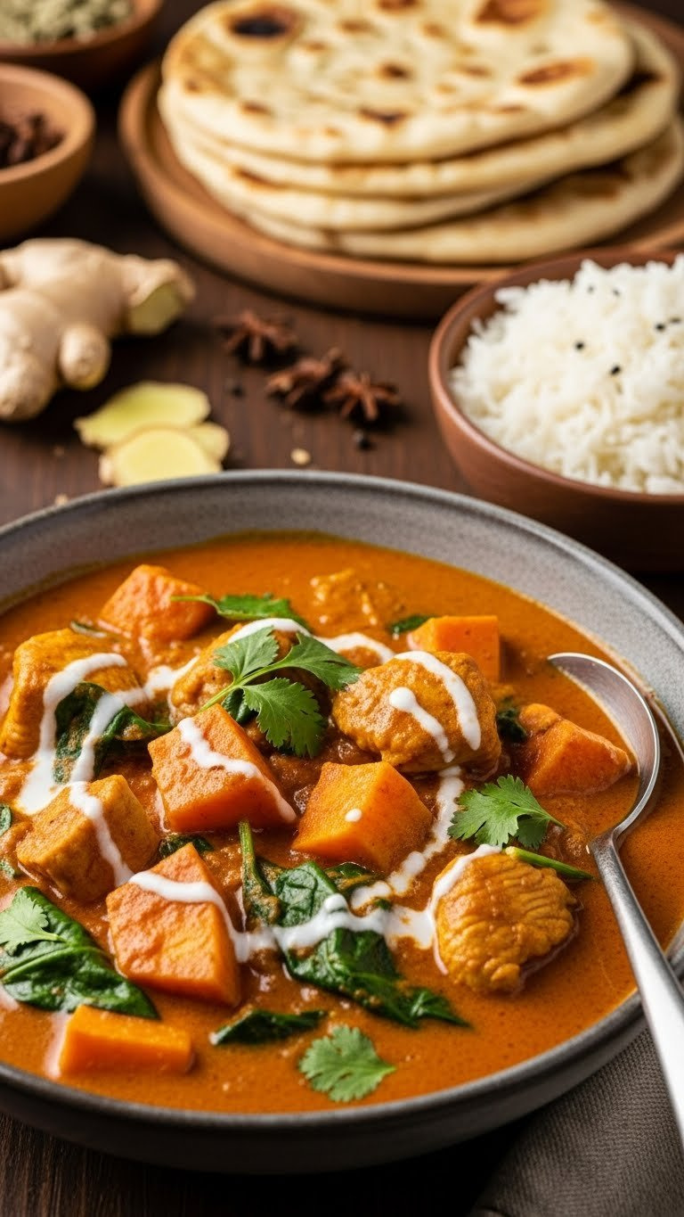 Indian Chicken Sweet Potato Curry In Orange Sauce With Coconut Milk Swirl On Rustic Ceramic Bowl