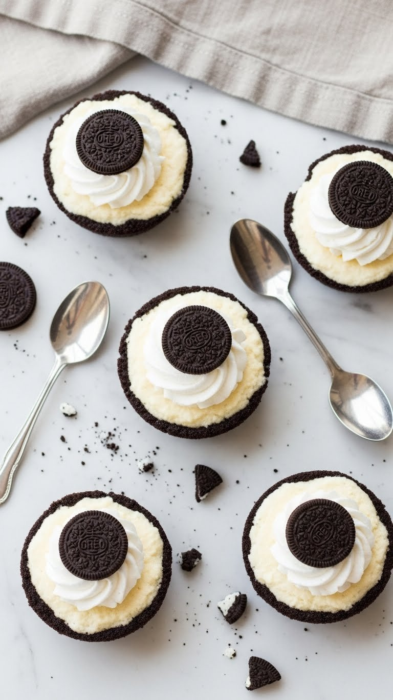 Individual No-Bake Oreo Cheesecake Cups, Topped With Whipped Cream &Amp; Mini Oreos, On A Marble Surface. Elegant Dessert.