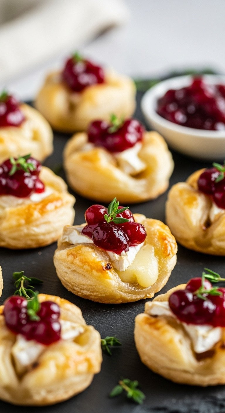 Individual Baked Mini Brie Bites With Puff Pastry, Cranberry Sauce, And Thyme On A Rustic Slate Platter.
