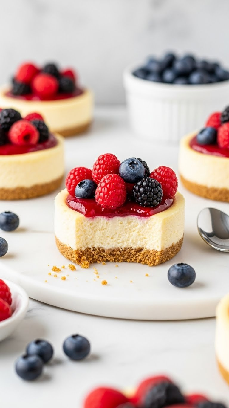 Individual Cheesecake In Ramekin With Berry Topping, Graham Cracker Crust, Blueberries On White Marble. Elegant Flat Lay.