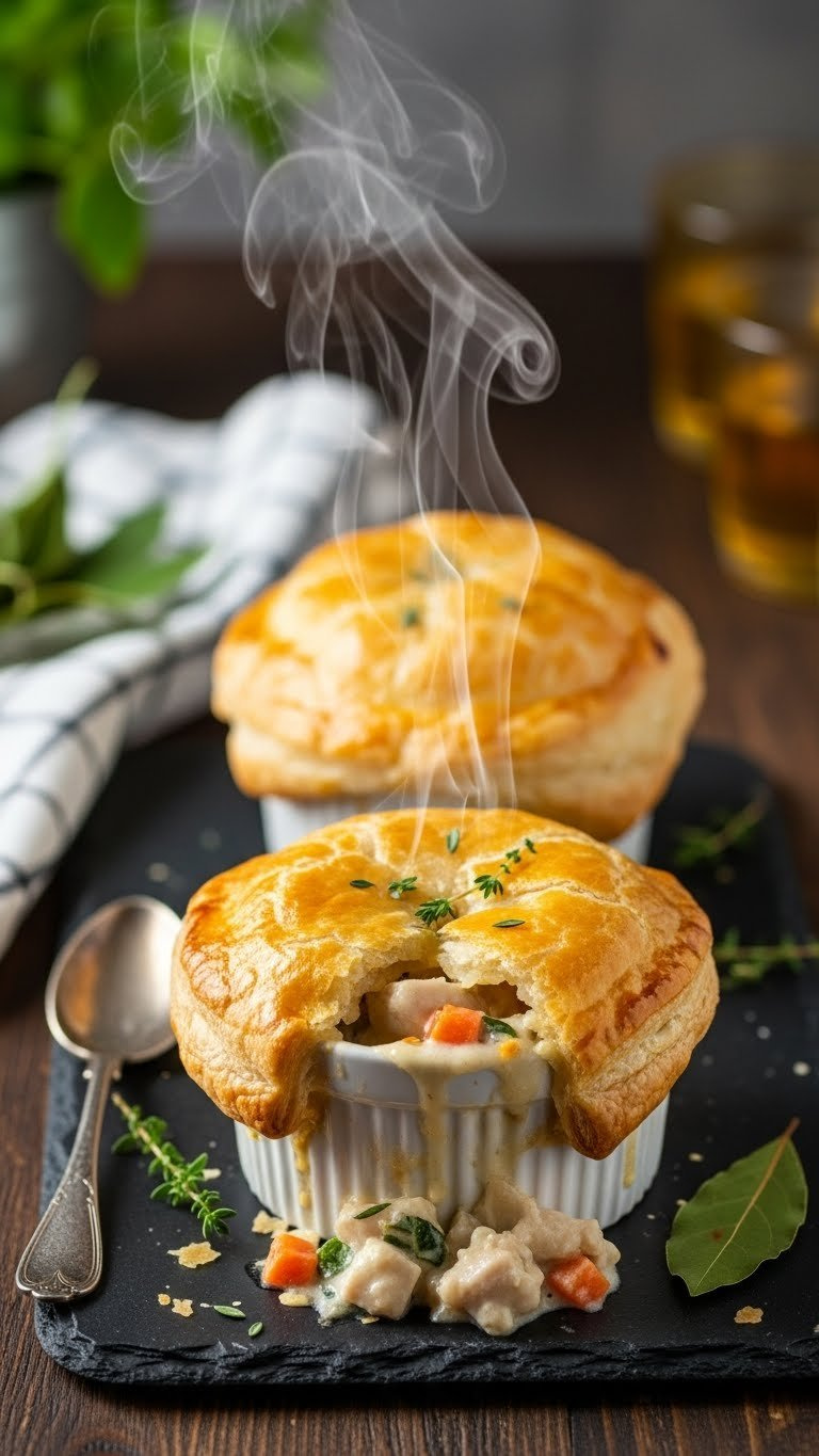 Individual Chicken Pot Pies With Golden Puff Pastry Crusts Steaming From Ceramic Ramekins