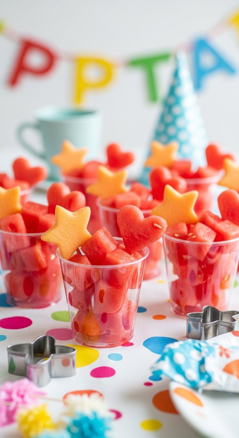 Individual Clear Cups Filled With Fresh Watermelon Cubes Topped With Star-Shaped Cookie Cut-Outs.
