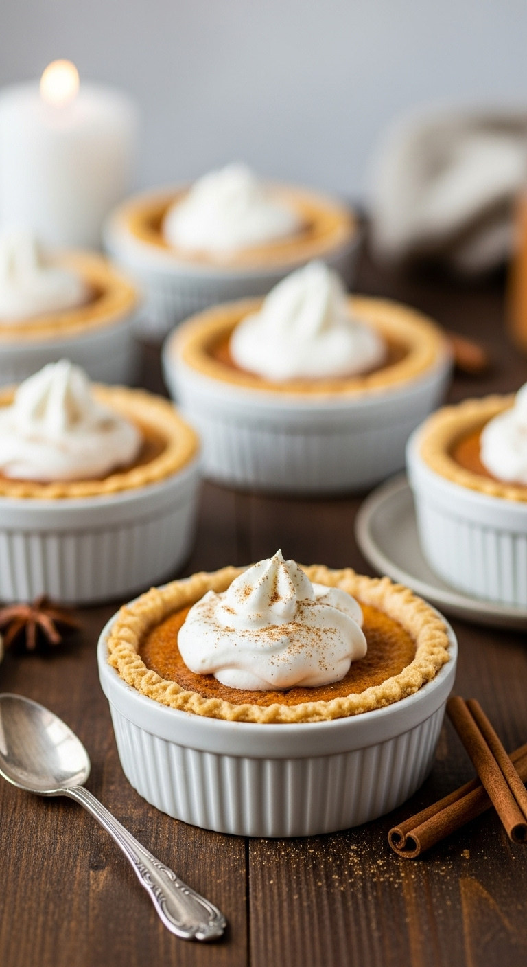 Individual Crustless Pumpkin Pie Custard In Ramekin, Whipped Cream, Nutmeg On Dark Wood, Elegant Holiday Setting.
