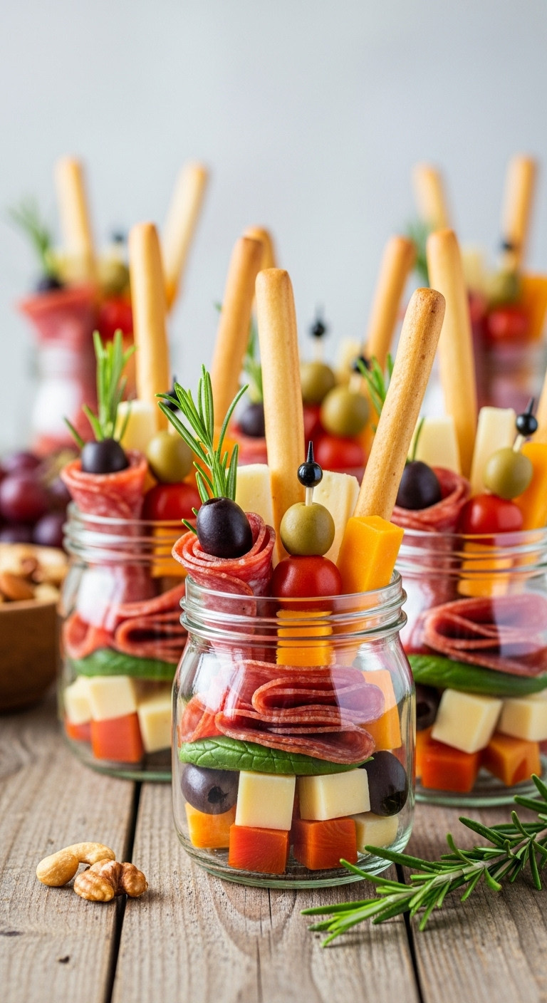 Individual Fall Jarcuterie Cups Filled With Folded Salami Cheddar Cheese Olives And Rosemary Sprigs
