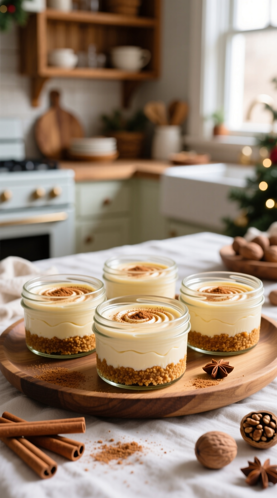 Individual Mini Eggnog No-Bake Cheesecakes In Glass Jars With Graham Crust, Eggnog Cream, Nutmeg, Cinnamon, Festive Dessert.