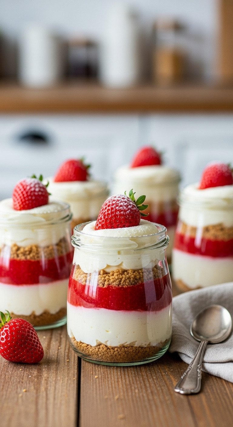 Individual No-Bake Strawberry Cheesecake Jars With Vibrant Red Puree, Creamy White Filling, Graham Crust, And Fresh Strawberry.