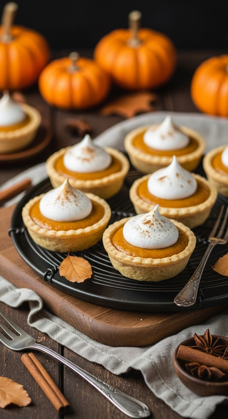 Individual Pumpkin Tarts With Creamy Filling And Whipped Cream, Dusted With Cinnamon, On A Rustic Board With Fall Decor.
