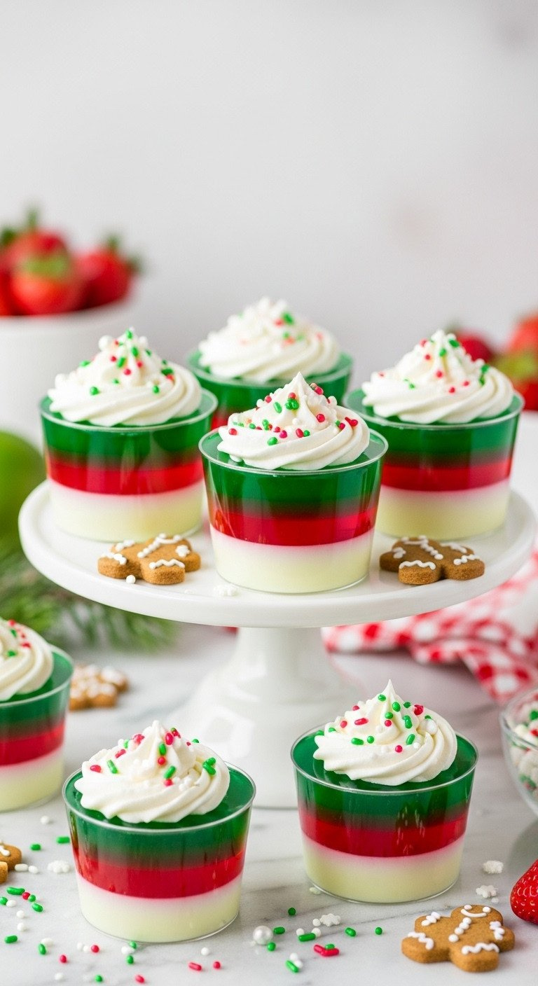 Individual Red And Green Layered Jello Cups With Whipped Cream And Sprinkles On A White Pedestal, Surrounded By Holiday Cookies.
