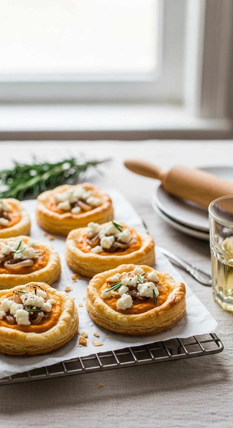 Individual Savory Pumpkin Goat Cheese Tarts With Creamy Orange Filling, Caramelized Onions, And Flaky Golden Crust.
