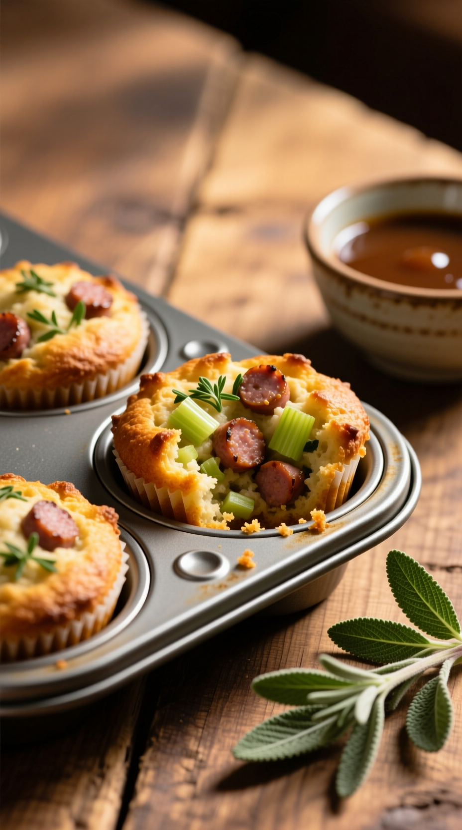 Individually Baked Stuffing Muffins With Crispy Edges, Savory Sausage, Celery, And Herbs In A Metal Muffin Tin.