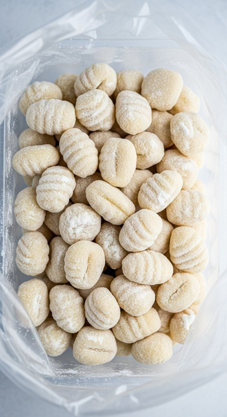 Individually Frozen Gnocchi Pieces Dusted With Flour In A Clear Plastic Container For Easy Storage And Cooking.